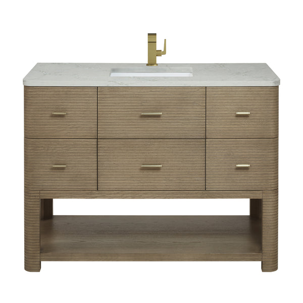 James Martin Lucian 48" Single Vanity, Pebble Oak w/ 3 CM Top - Luxe Bathroom Vanities
