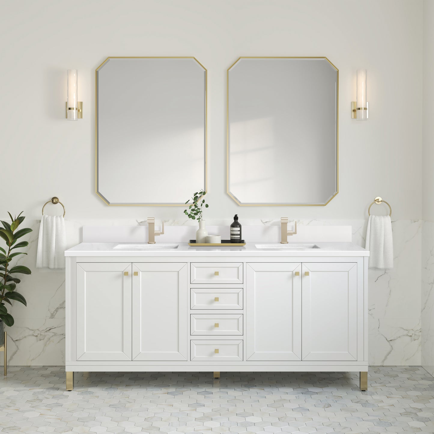James Martin Chicago 72" Double Vanity with Single Hole 3CM White Zeus Silestone Top & Backsplash