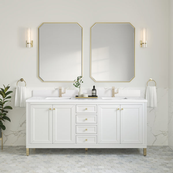 James Martin Chicago 72" Double Vanity with Single Hole 3CM White Zeus Silestone Top & Backsplash