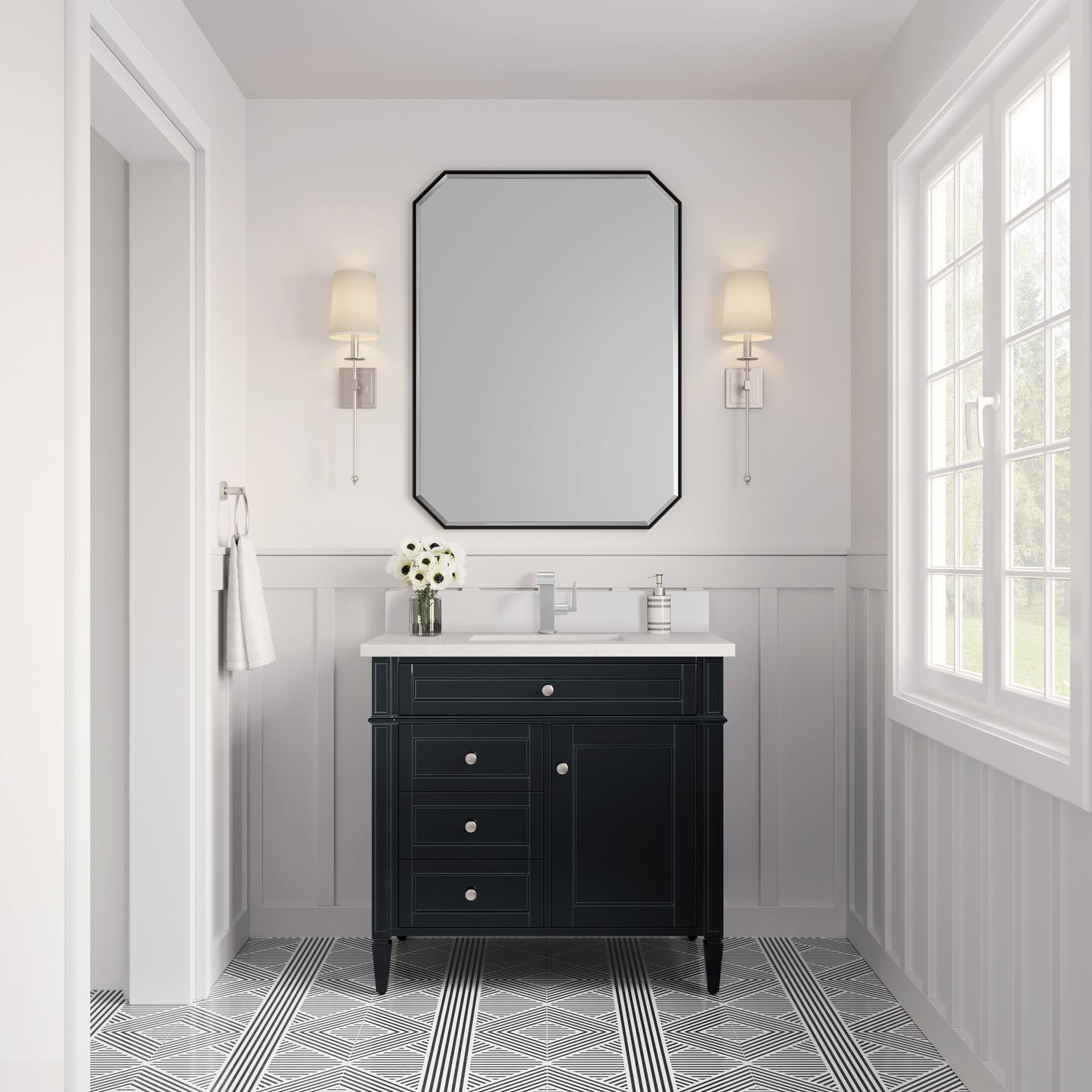 James Martin Brittany 36" Single Vanity with Single Hole 3 CM White Zeus Silestone Top & Backsplash
