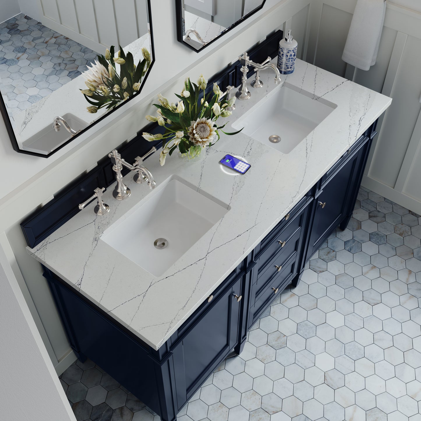 James Martin Brittany 60" Double Vanity with 3 CM Countertop & FreePower Wireless Charger