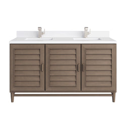 James Martin Portland 60" Double Vanity Whitewashed Walnut with Single Hole 3 CM White Zeus Silestone Top & Backsplash