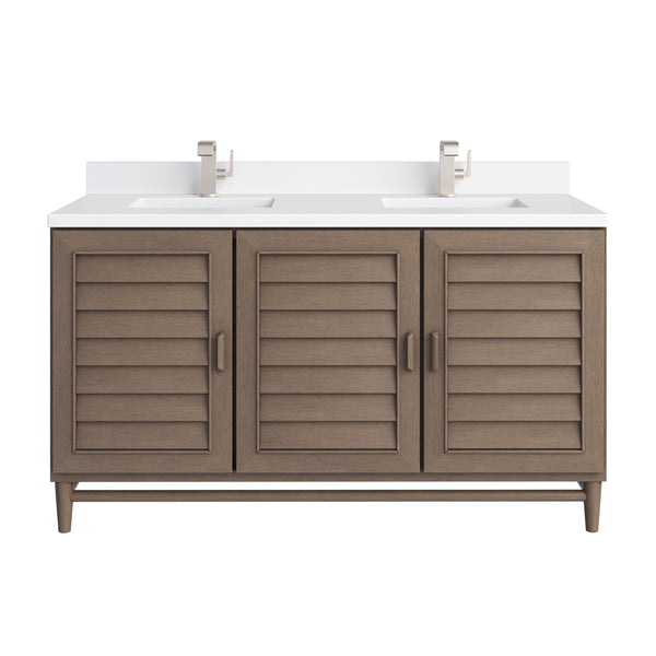 James Martin Portland 60" Double Vanity Whitewashed Walnut with Single Hole 3 CM White Zeus Silestone Top & Backsplash