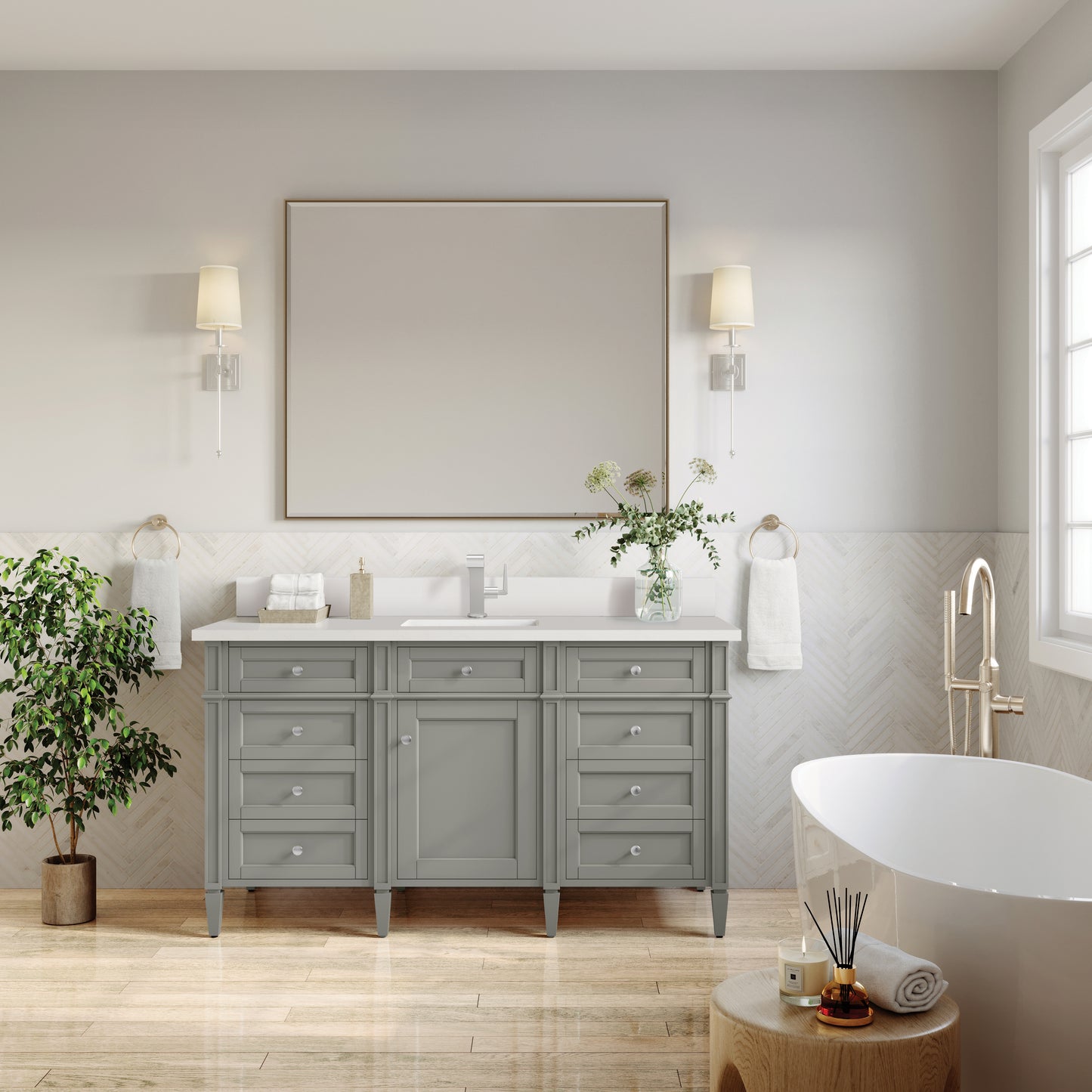 James Martin Brittany 60" Single Vanity with Single Hole 3 CM White Zeus Silestone Top & Backsplash