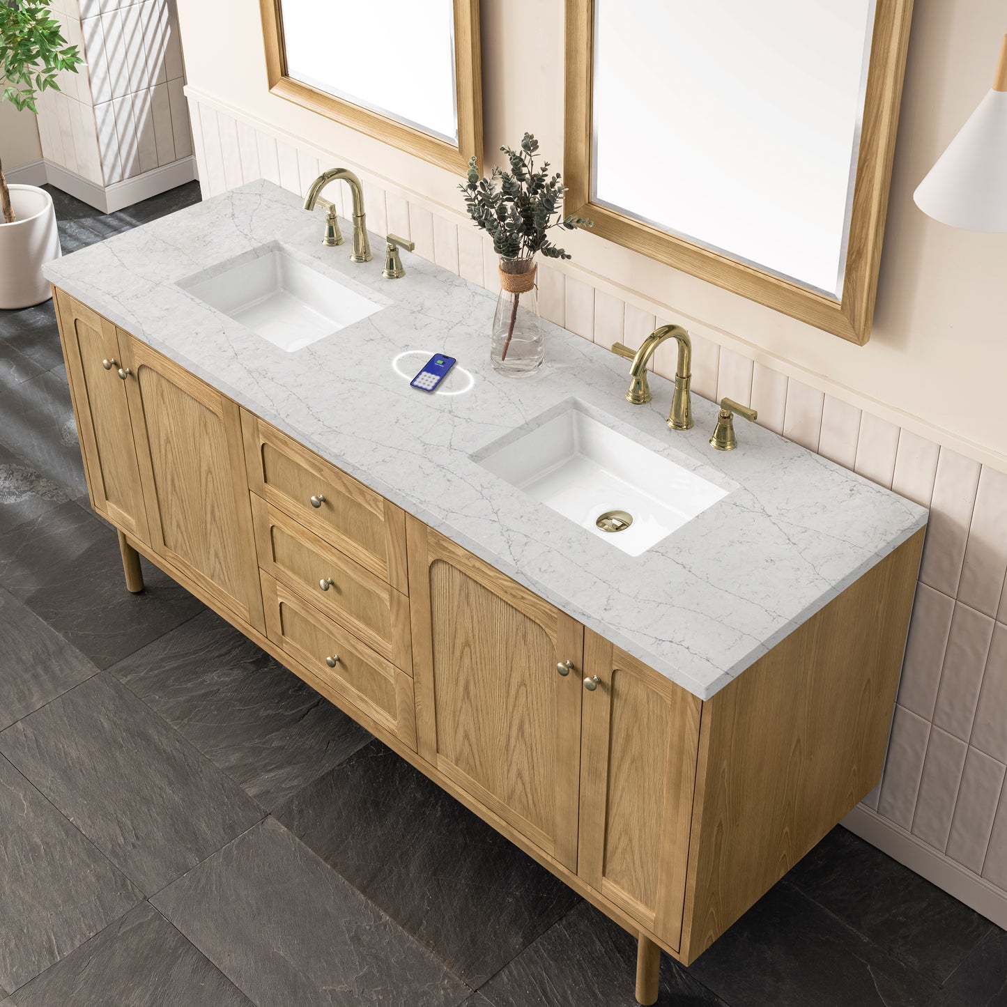 James Martin Laurent 72" Double Vanity with 3 CM Countertop & FreePower Wireless Charger