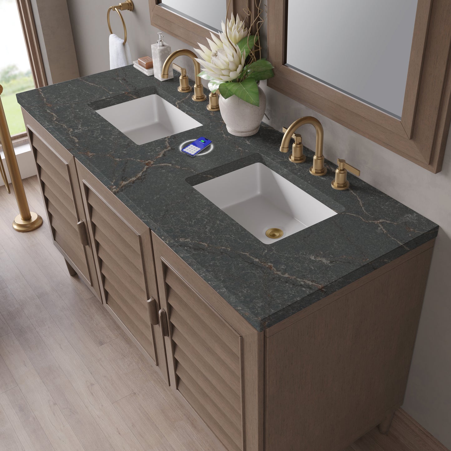 James Martin Portland 60" Double Vanity Whitewashed Walnut with 3 CM Countertop & FreePower Wireless Charger