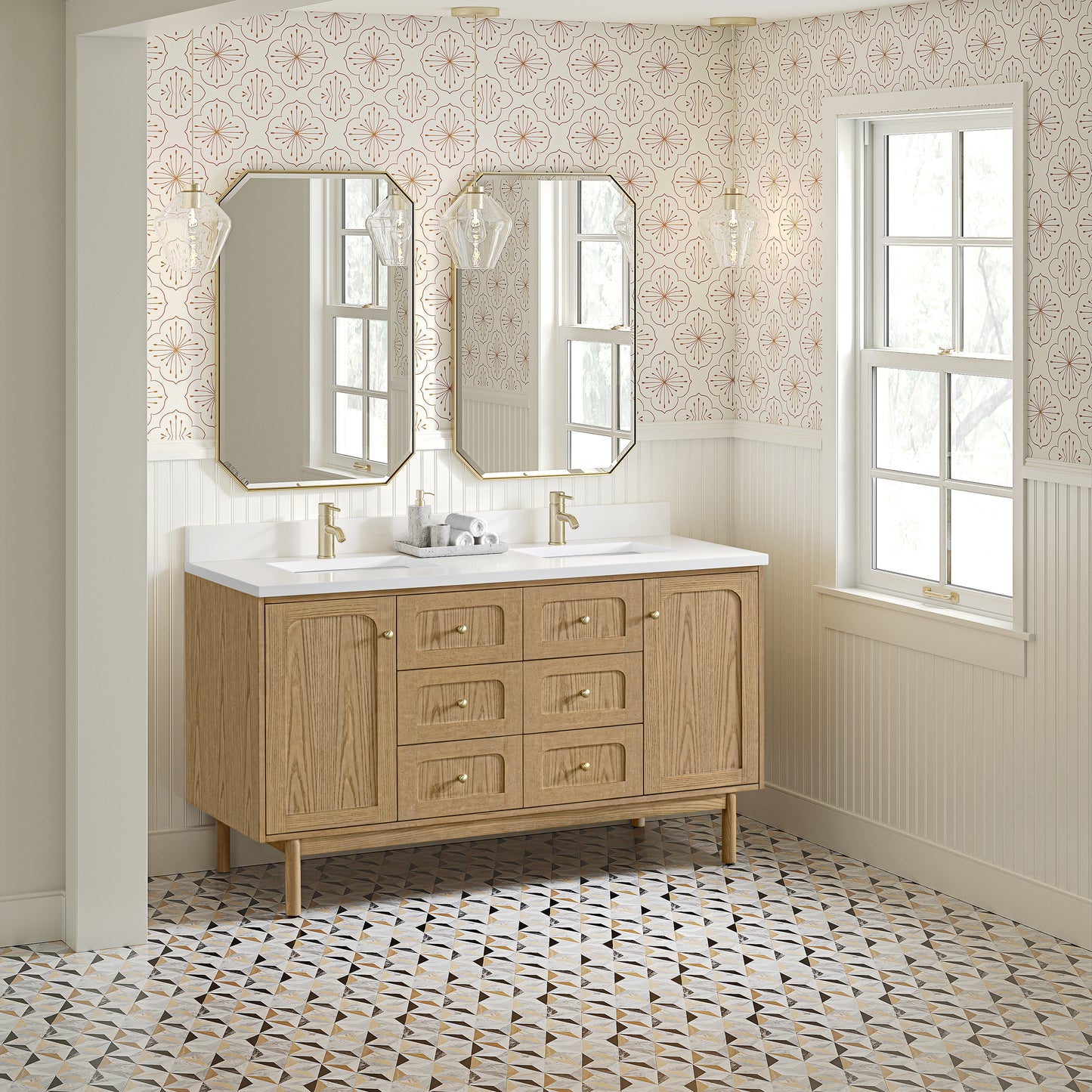 James Martin Laurent 60" Double Vanity with Single Hole 3 CM White Zeus Silestone Top & Matching Backsplash