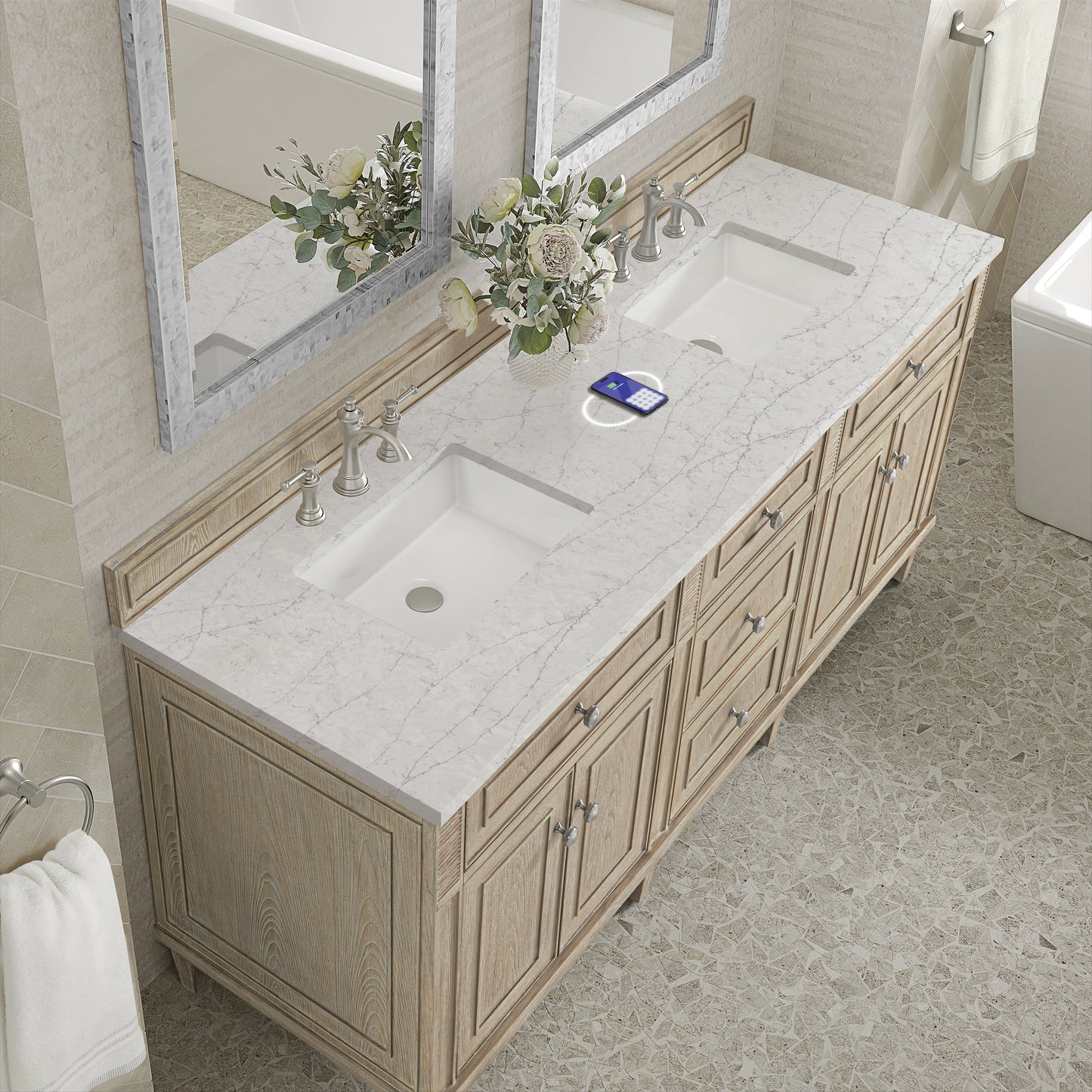 James Martin Lorelai 72" Double Vanity with 3 CM Countertop & FreePower Wireless Charger