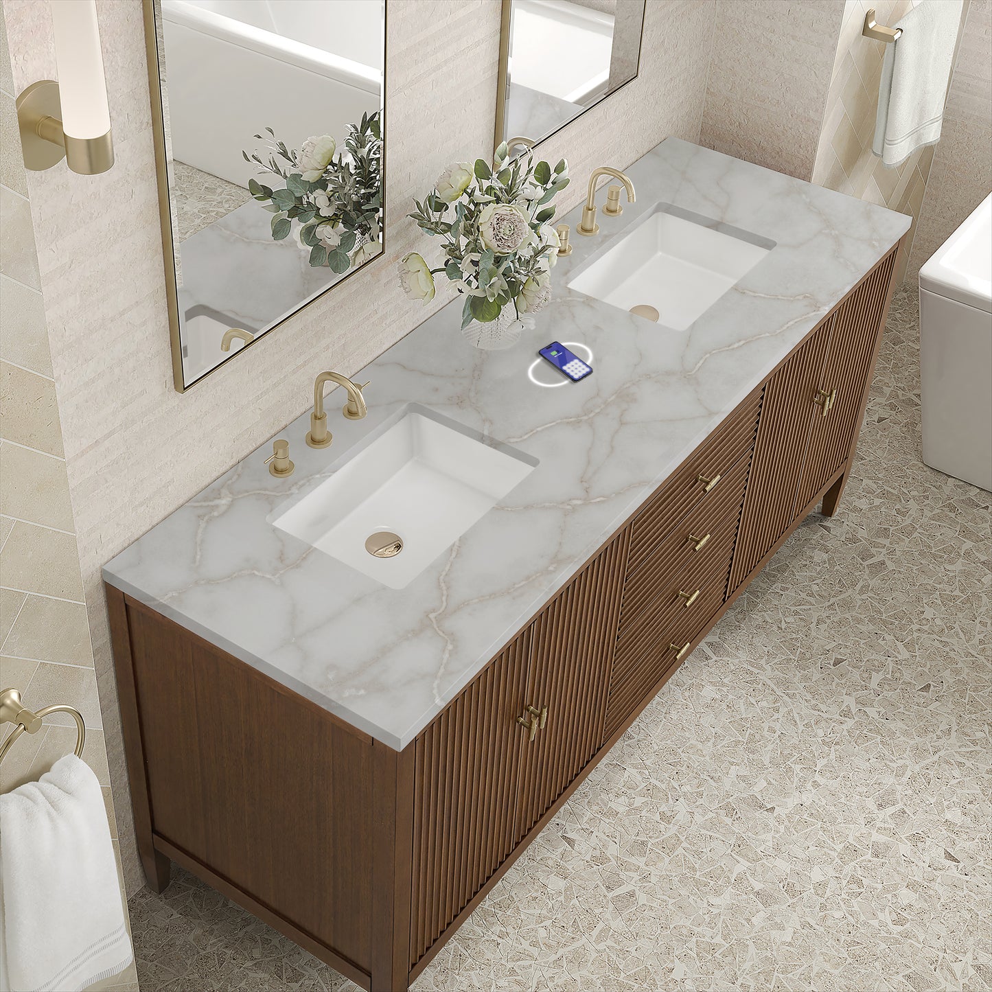 James Martin Myrrin 72" Double Vanity with 3 CM Countertop & FreePower Wireless Charger