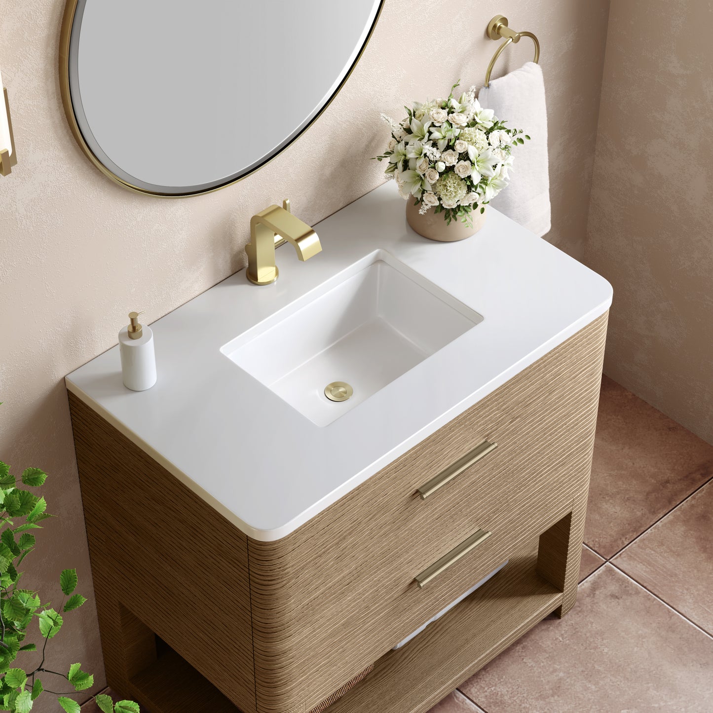 James Martin Lucian 36" Single Vanity, Pebble Oak w/ 3 CM Top - Luxe Bathroom Vanities