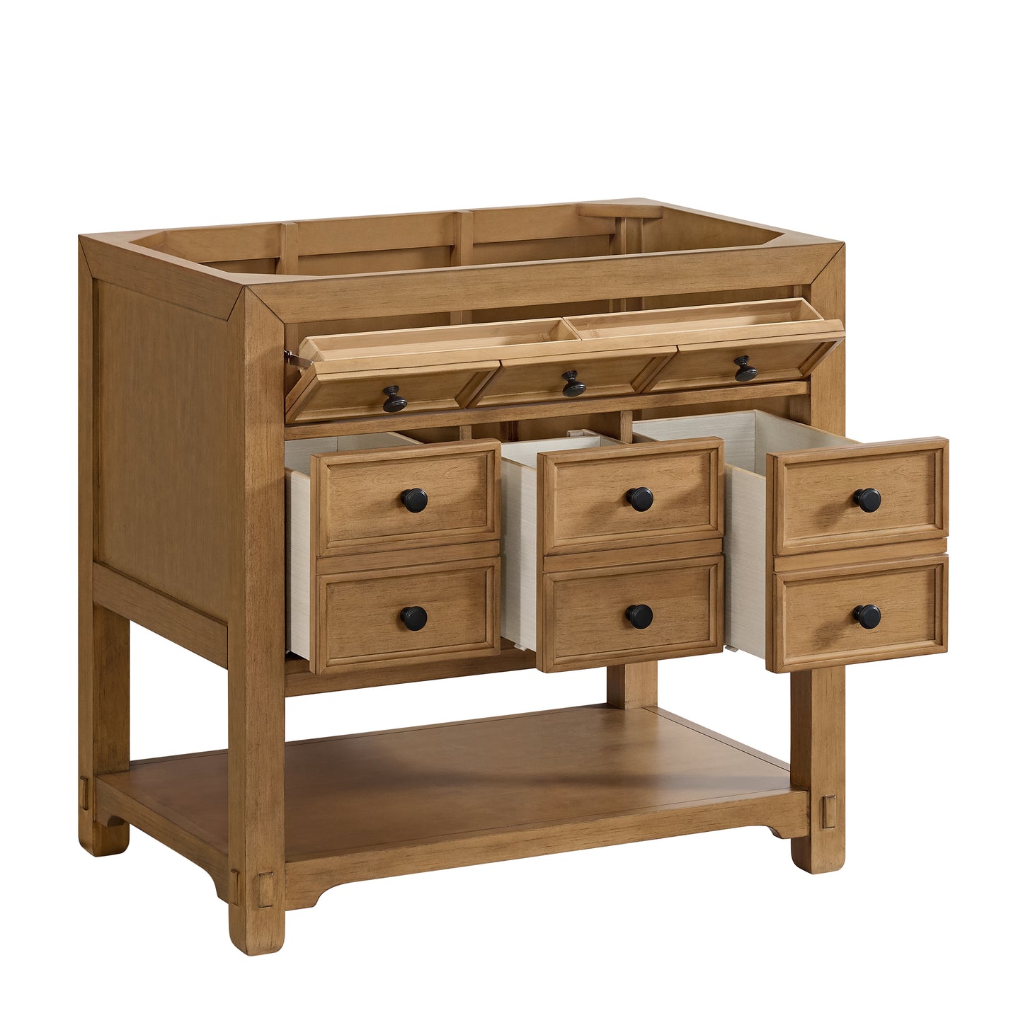 James Martin Malibu 36" Single Vanity, Amber Birch w/ Single Hole 3 CM White Zeus Top & Backsplash - Luxe Bathroom Vanities