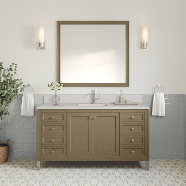 James Martin Chicago 60" Single Vanity with Single Hole 3CM White Zeus Silestone Top & Backsplash