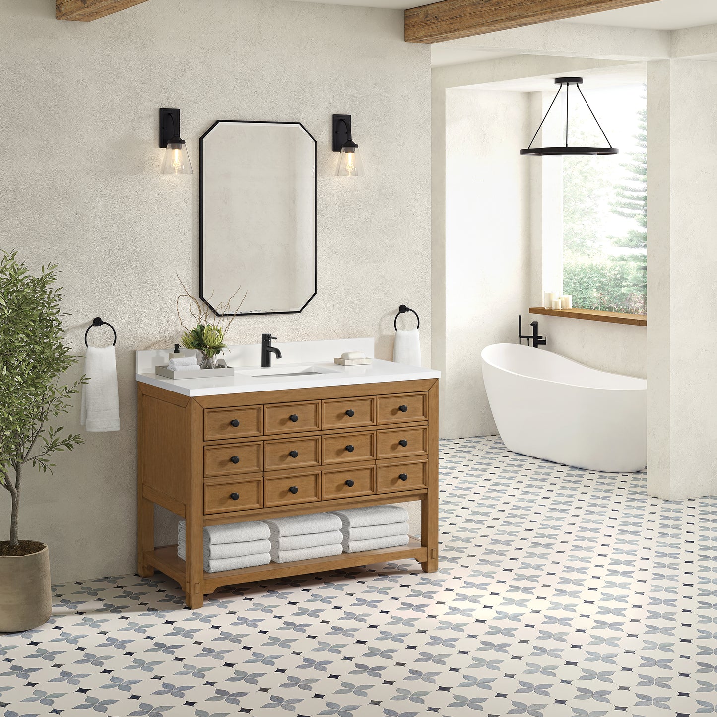 James Martin Malibu 48" Single Vanity, Amber Birch w/ Single Hole 3 CM White Zeus Quartz Top & Backsplash - Luxe Bathroom Vanities