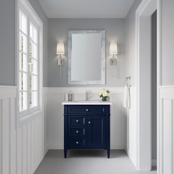 James Martin Brittany 30" Single Vanity with Single Hole 3 CM White Zeus Silestone Top & Backsplash