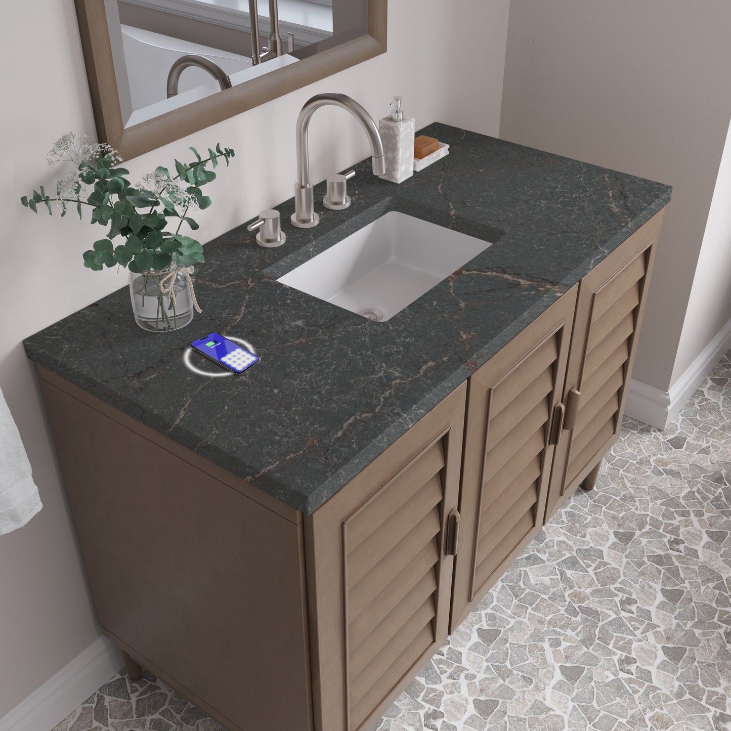 James Martin Portland 48" Single Vanity Whitewashed Walnut with 3 CM Countertop & FreePower Wireless Charger