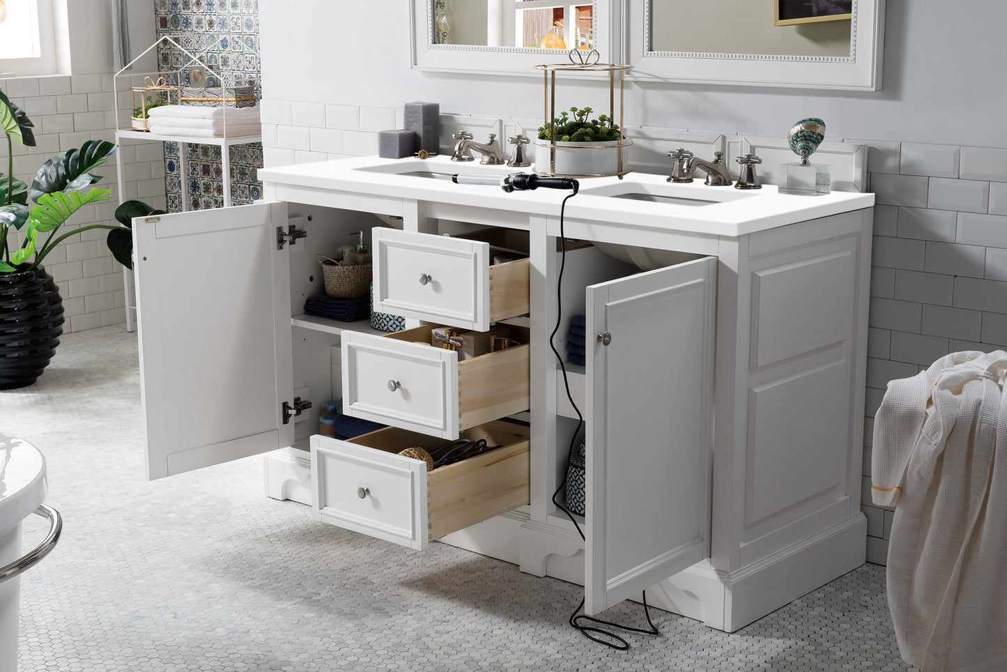 James Martin De Soto 60" Bright White Double Vanity with 3 CM Countertop - Luxe Bathroom Vanities