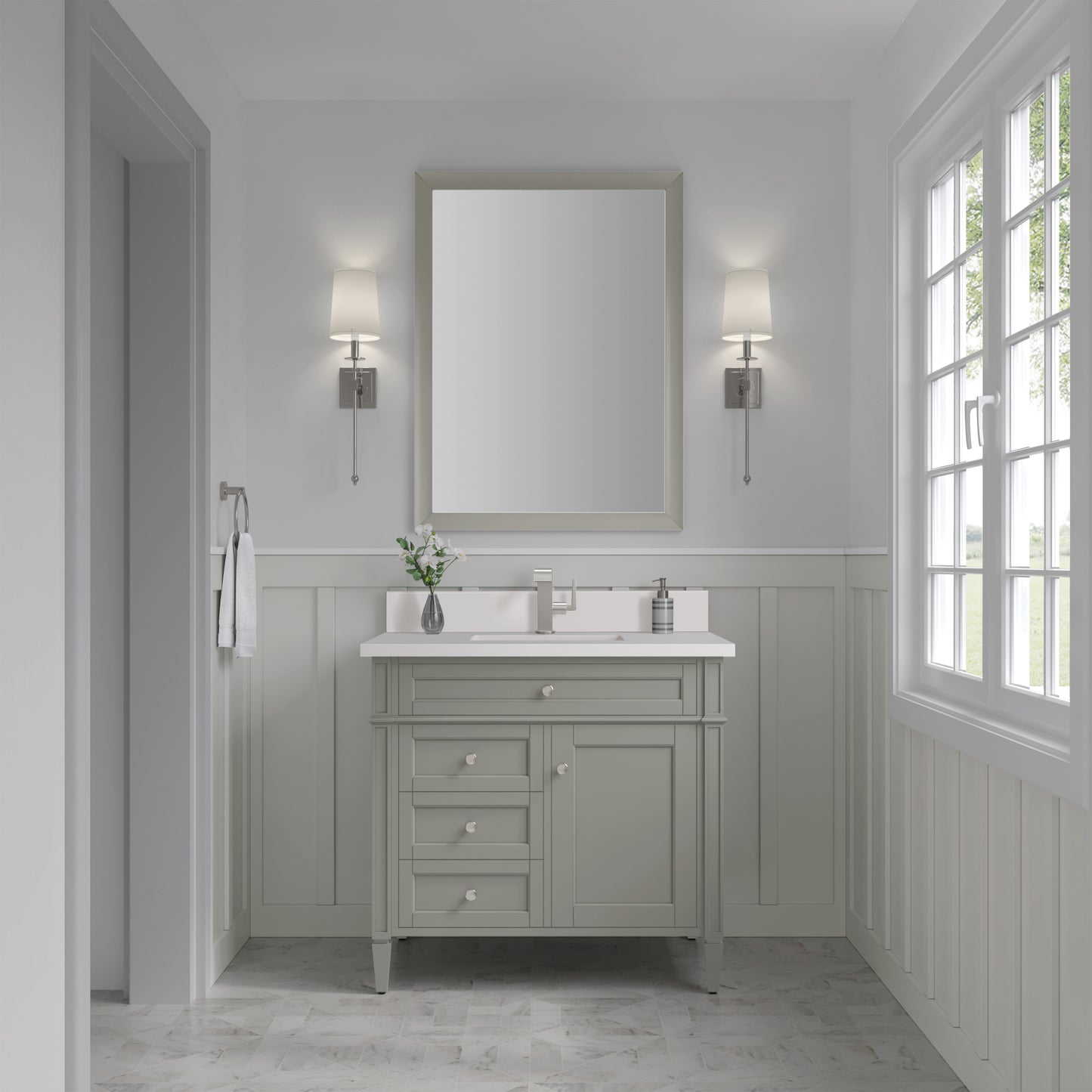 James Martin Brittany 36" Single Vanity with Single Hole 3 CM White Zeus Silestone Top & Backsplash