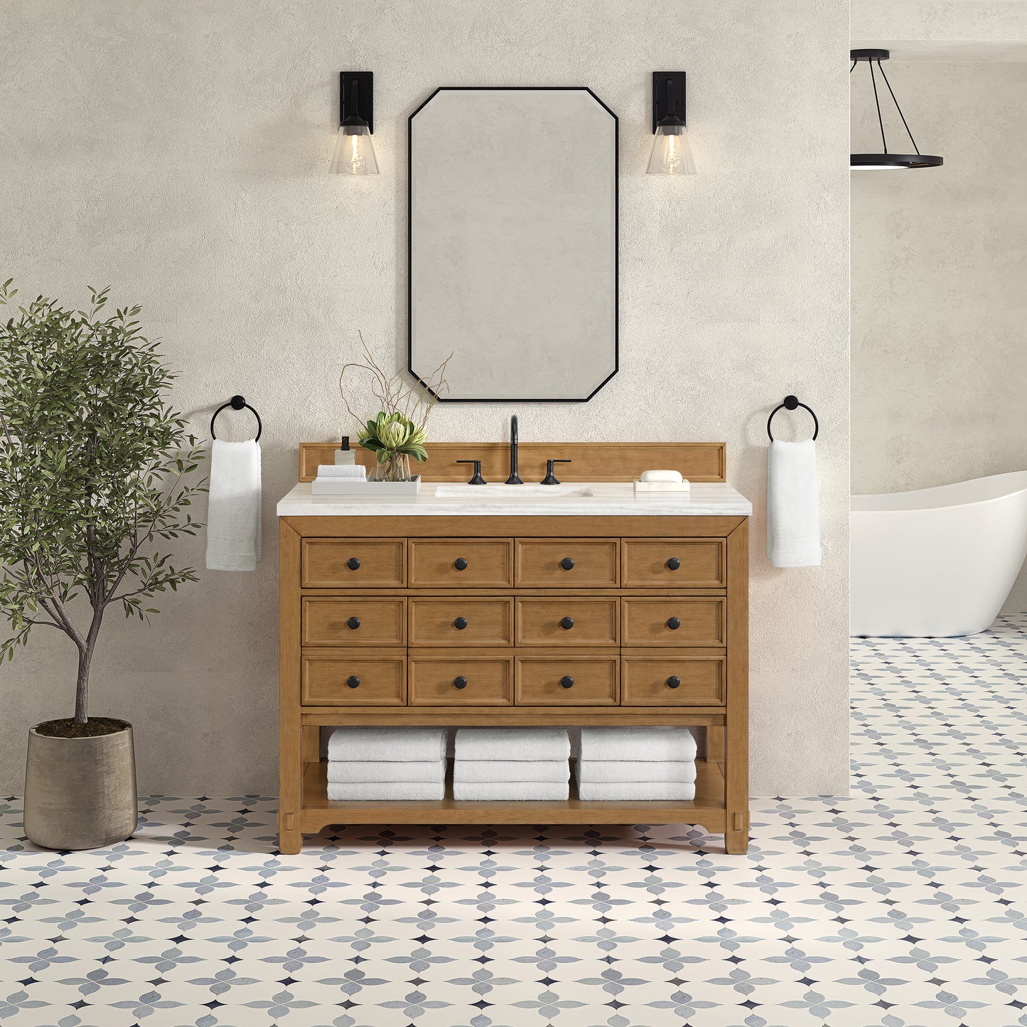 James Martin Malibu 48" Single Vanity, Amber Birch w/ 3 CM Counter Top - Luxe Bathroom Vanities