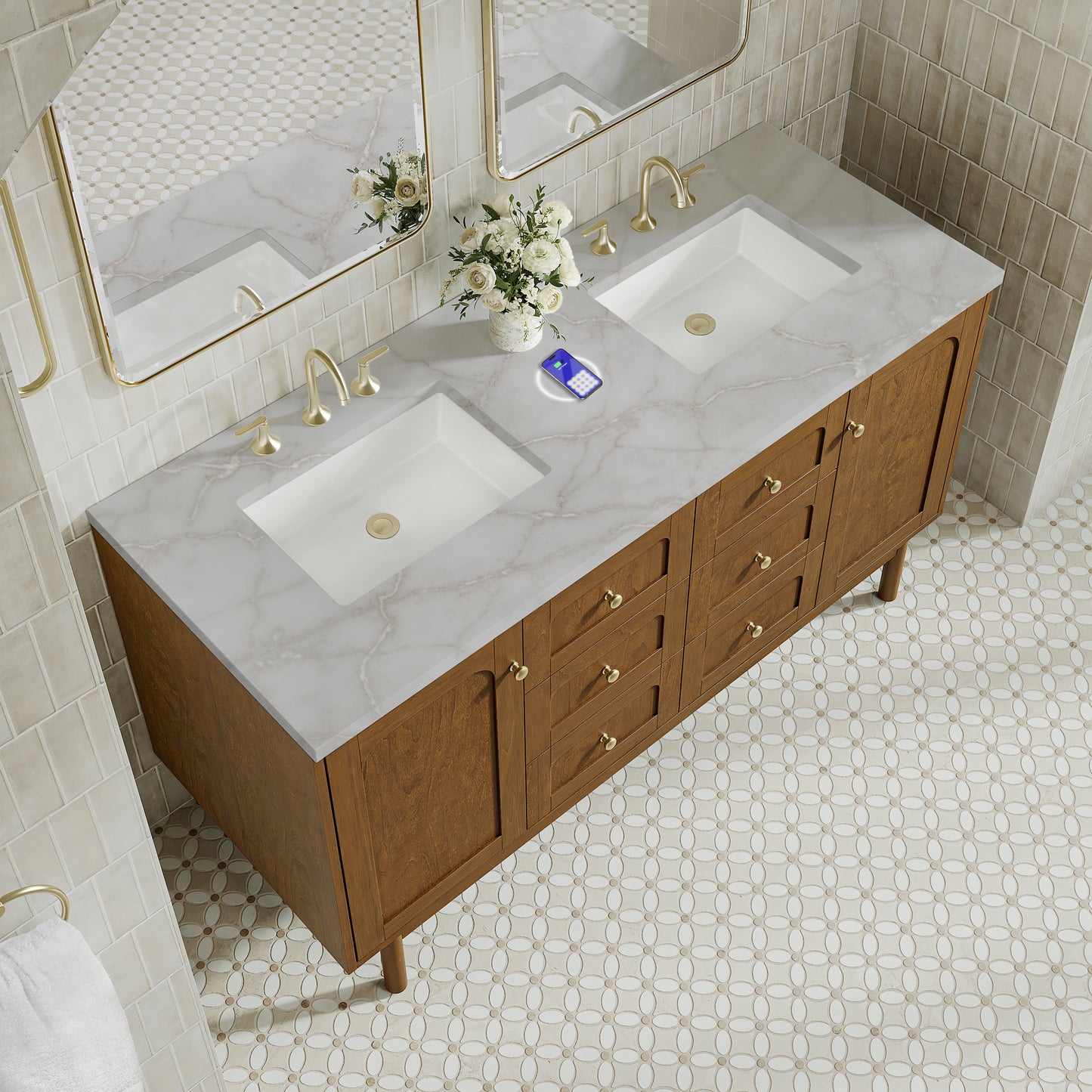 James Martin Laurent 60" Double Vanity with 3 CM Countertop & FreePower Wireless Charger