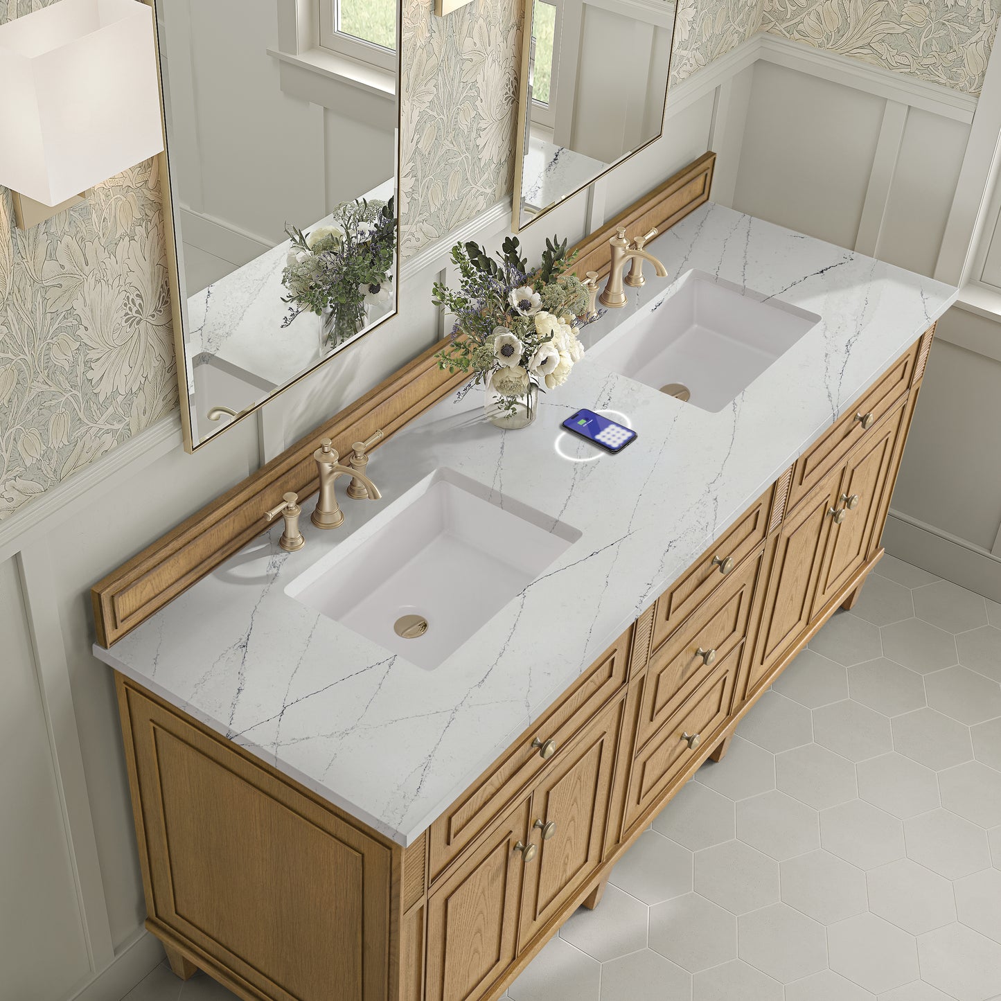 James Martin Lorelai 72" Double Vanity with 3 CM Countertop & FreePower Wireless Charger