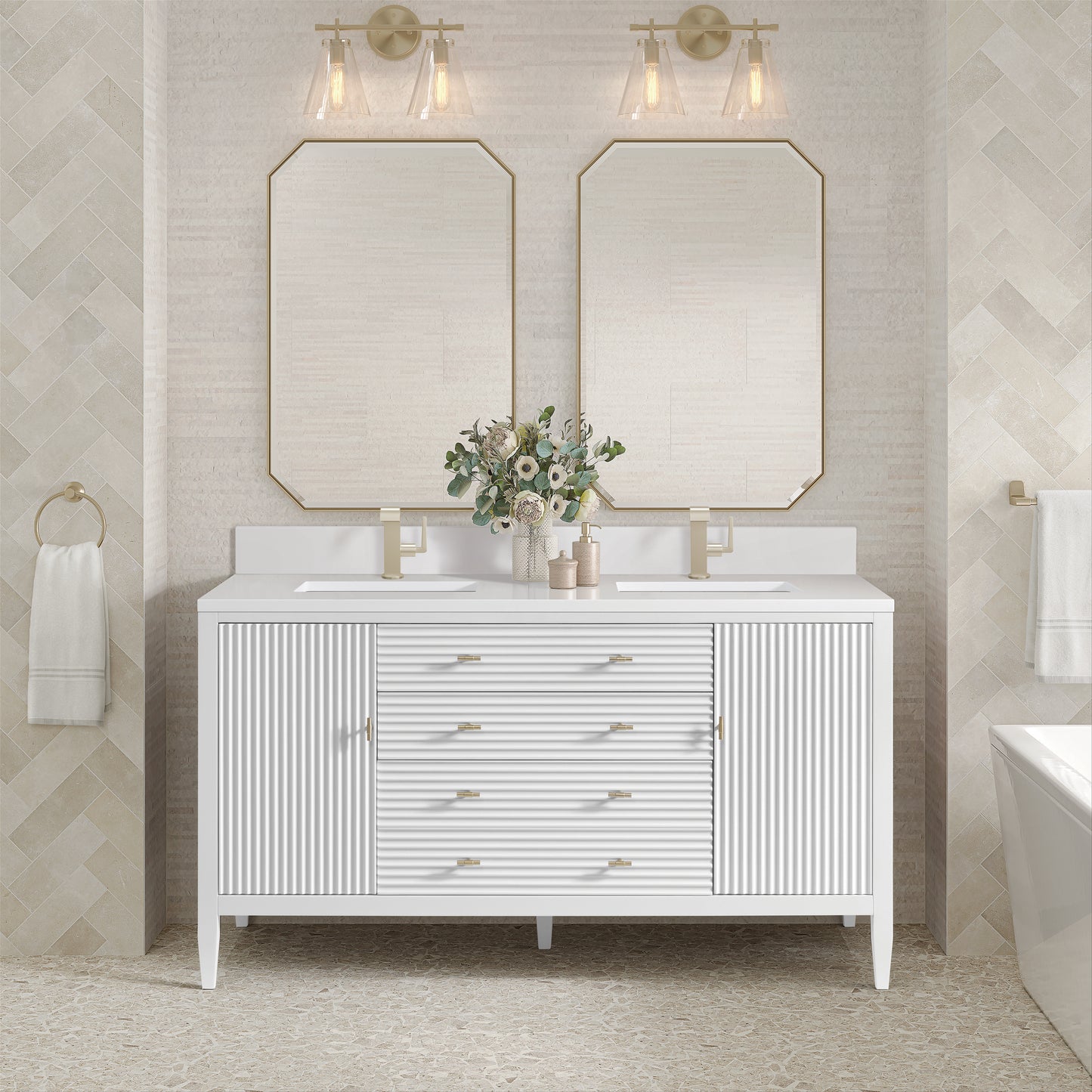 James Martin Myrrin 60" Double Vanity with Single Hole 3 CM White Zeus Silestone Top & Backsplash