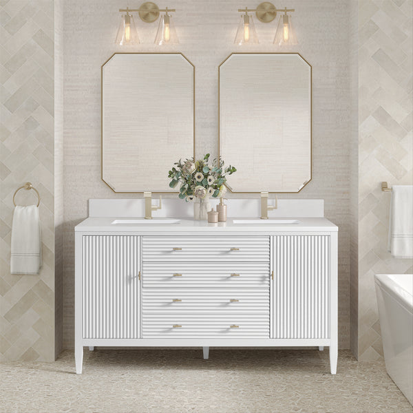 James Martin Myrrin 60" Double Vanity with Single Hole 3 CM White Zeus Silestone Top & Backsplash