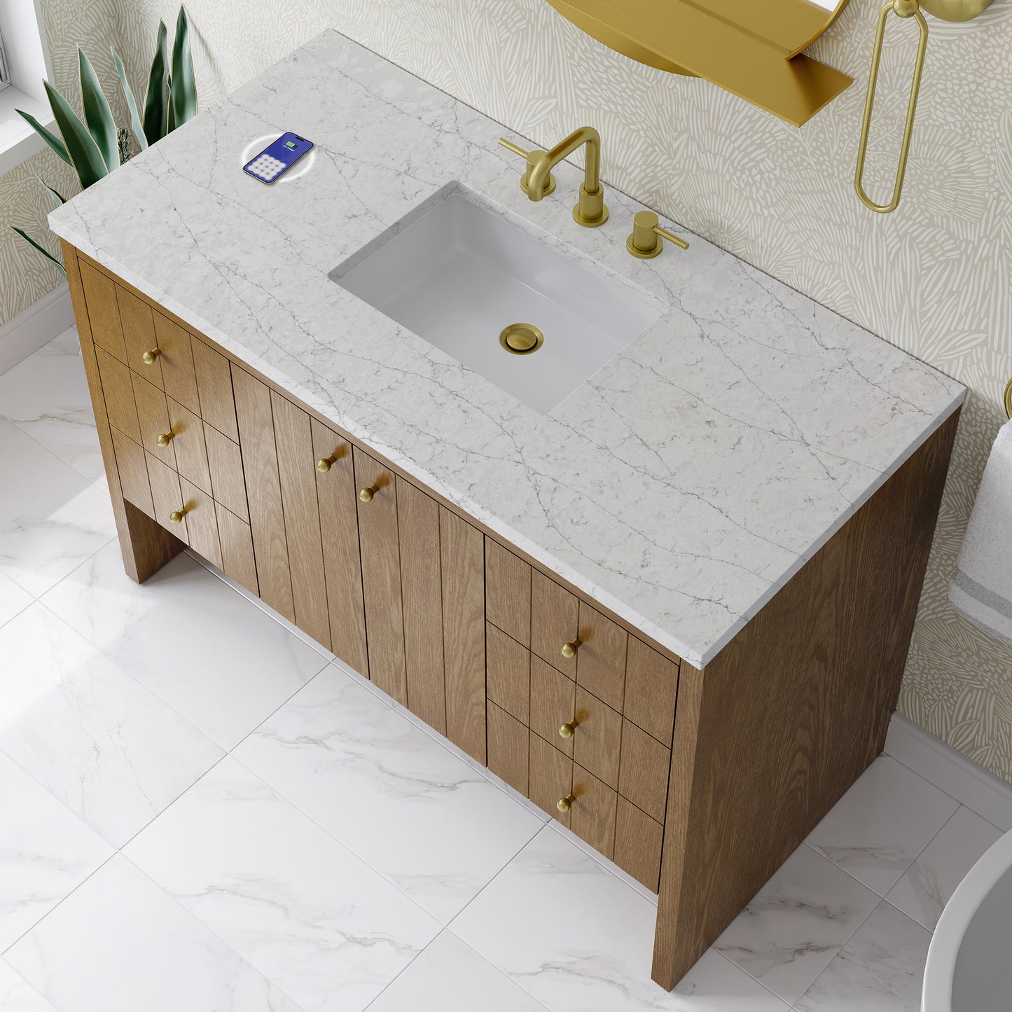 James Martin Hudson 48" Single Vanity Honey Oak w/ 3 CM Countertop & FreePower Wireless Charger