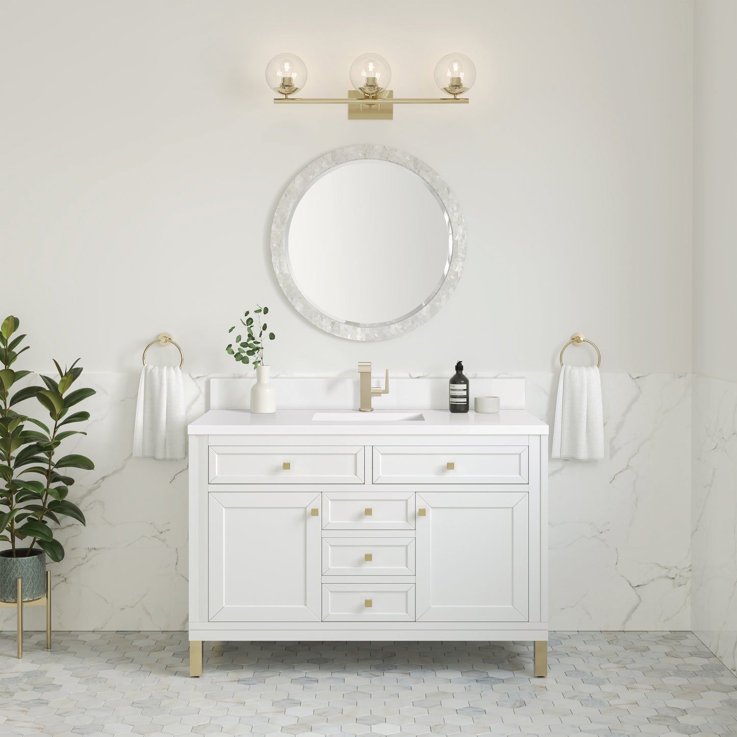 James Martin Chicago 48" Single Vanity with Single Hole 3CM White Zeus Silestone Top & Backsplash