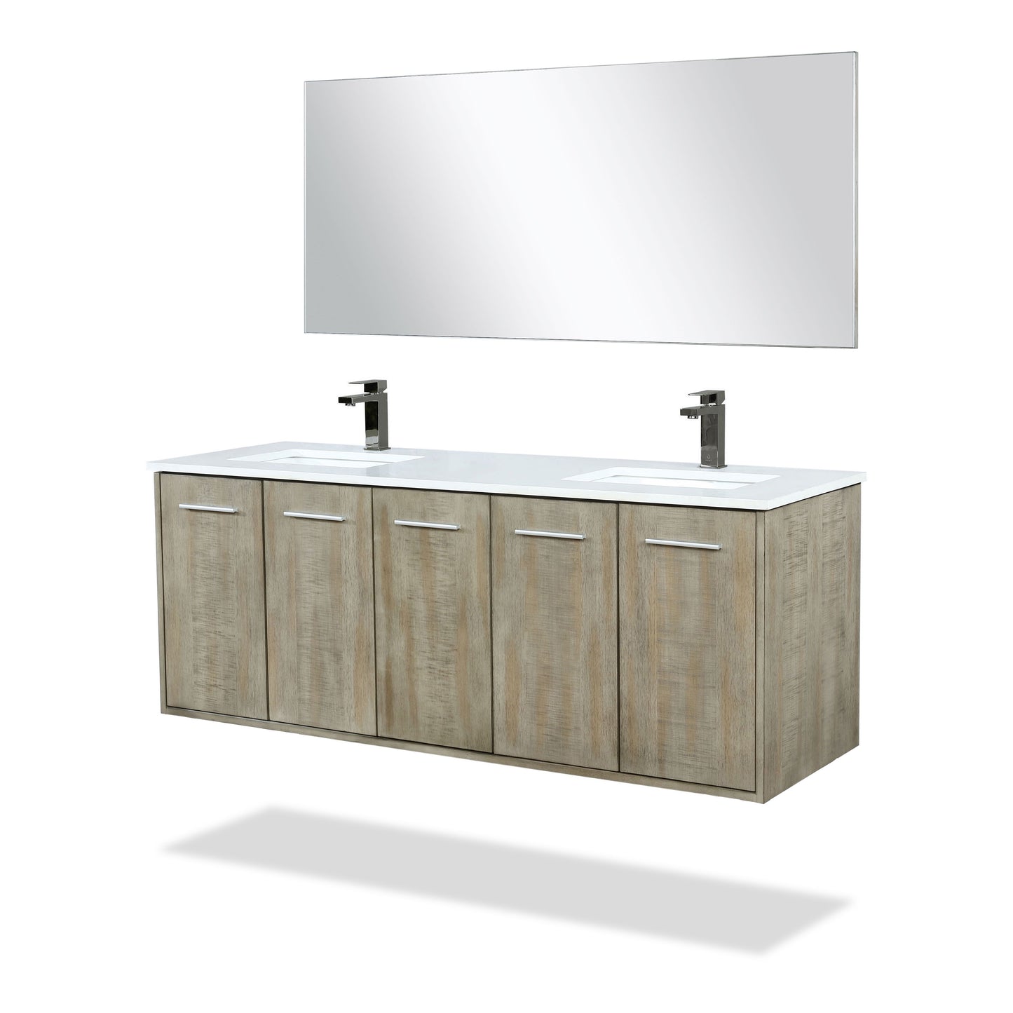 Lexora Collection Fairbanks 60 inch Rustic Acacia Double Bath Vanity, Cultured Marble Top, Faucet Set and 55 inch Mirror - Luxe Bathroom Vanities