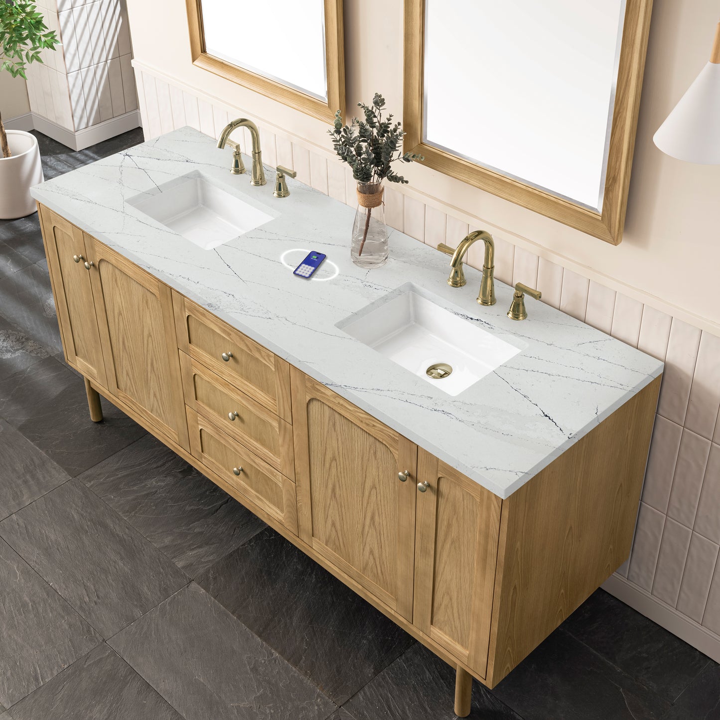 James Martin Laurent 72" Double Vanity with 3 CM Countertop & FreePower Wireless Charger