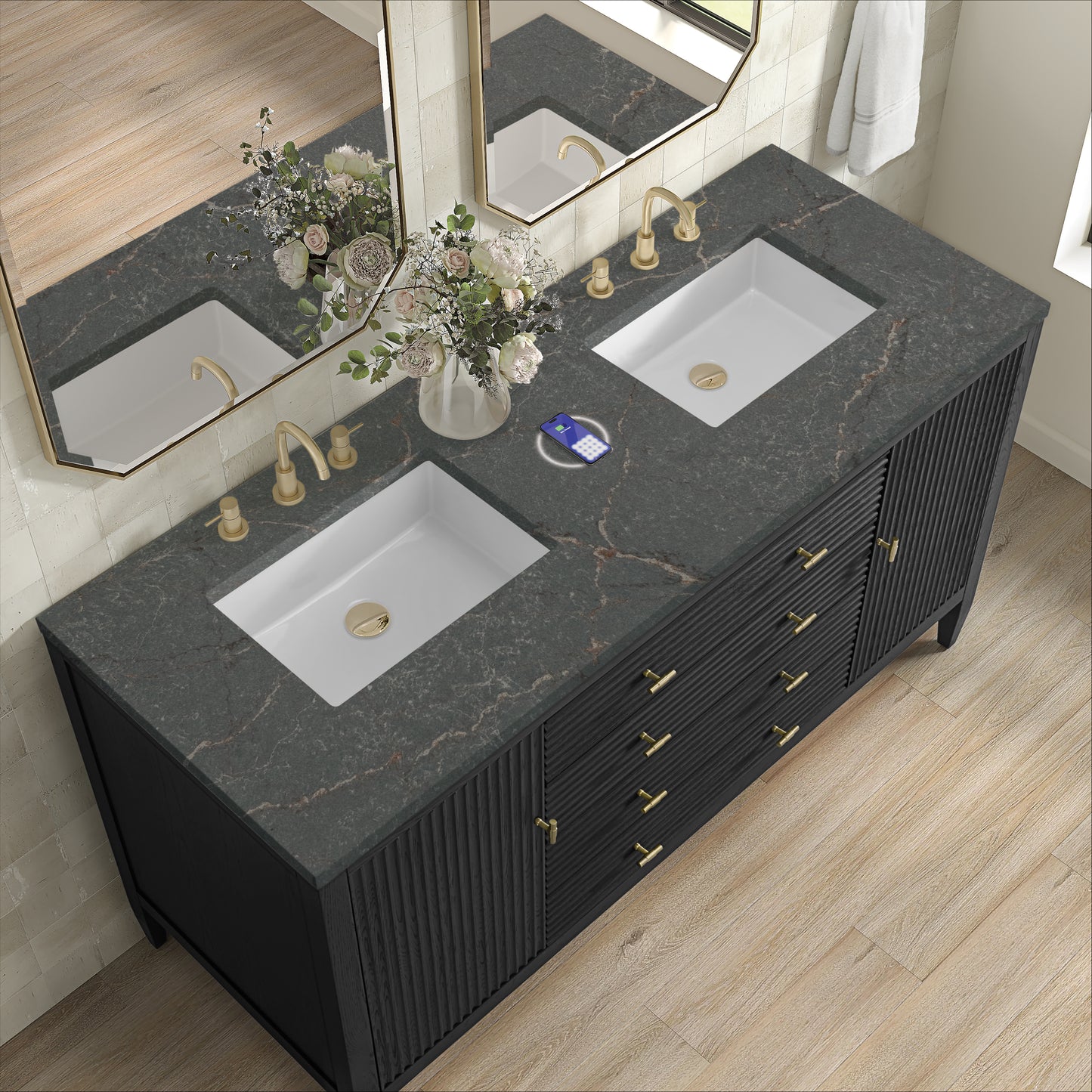 James Martin Myrrin 60" Double Vanity with 3 CM Countertop & FreePower Wireless Charger