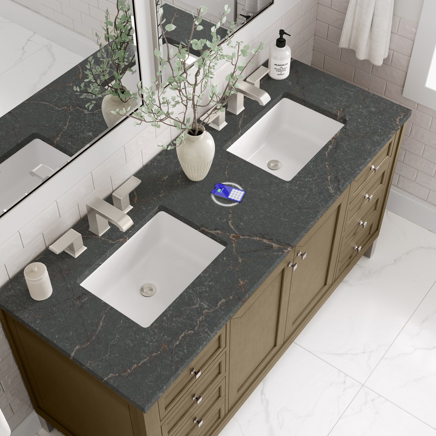 James Martin Chicago 60" Double Vanity with 3 CM Countertop & FreePower Wireless Charger