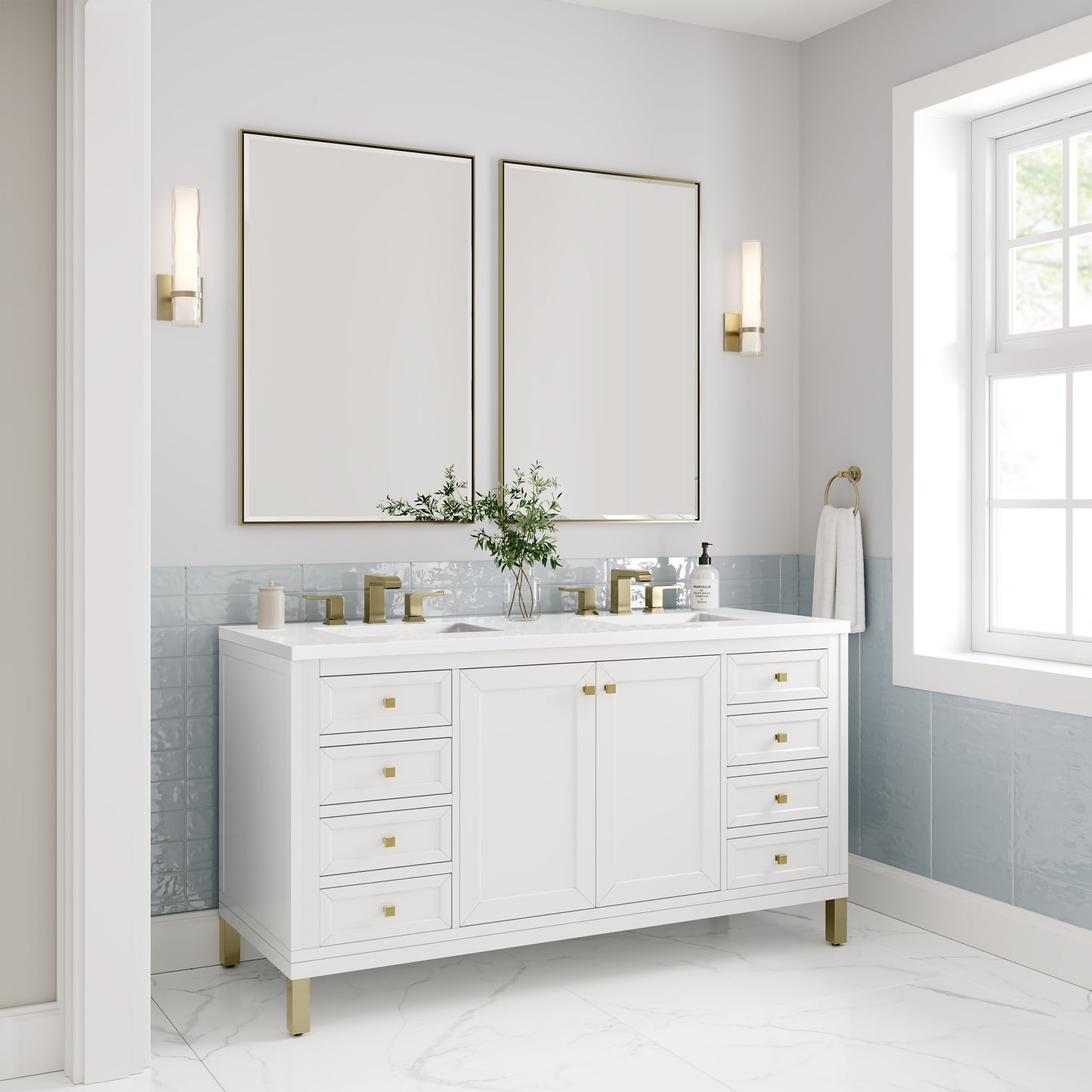 James Martin Chicago 60" Double Vanity, Glossy White - Luxe Bathroom Vanities