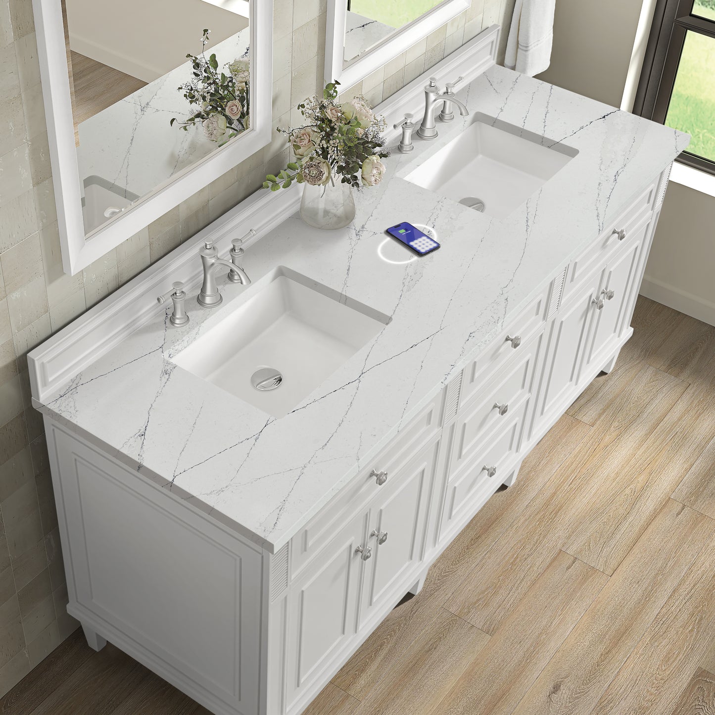 James Martin Lorelai 72" Double Vanity with 3 CM Countertop & FreePower Wireless Charger
