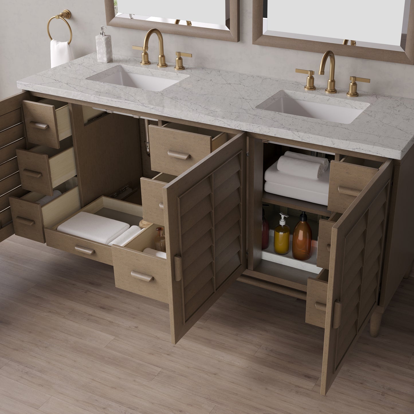 James Martin Portland 72" Double Vanity Whitewashed Walnut with 3 CM Countertop & FreePower Wireless Charger
