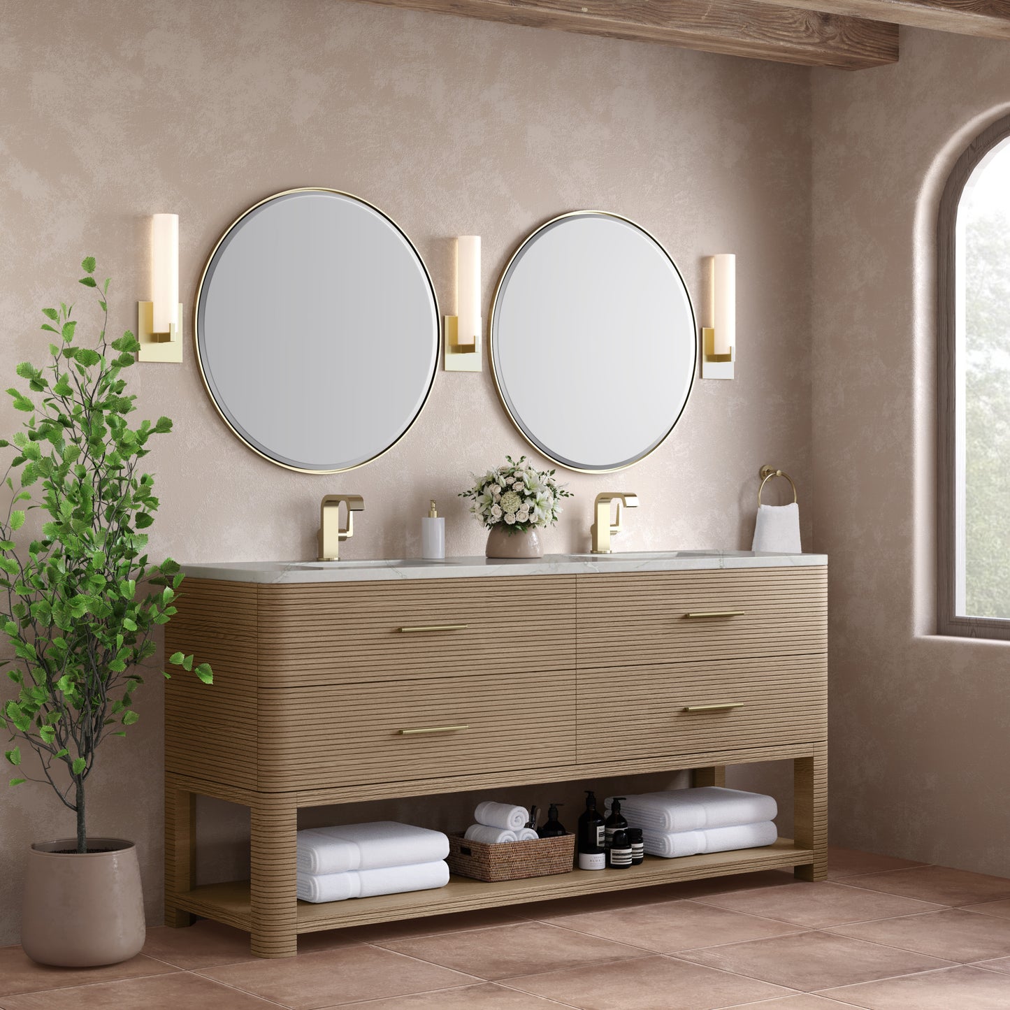 James Martin Lucian 72" Double Vanity, Pebble Oak w/ 3 CM Top - Luxe Bathroom Vanities