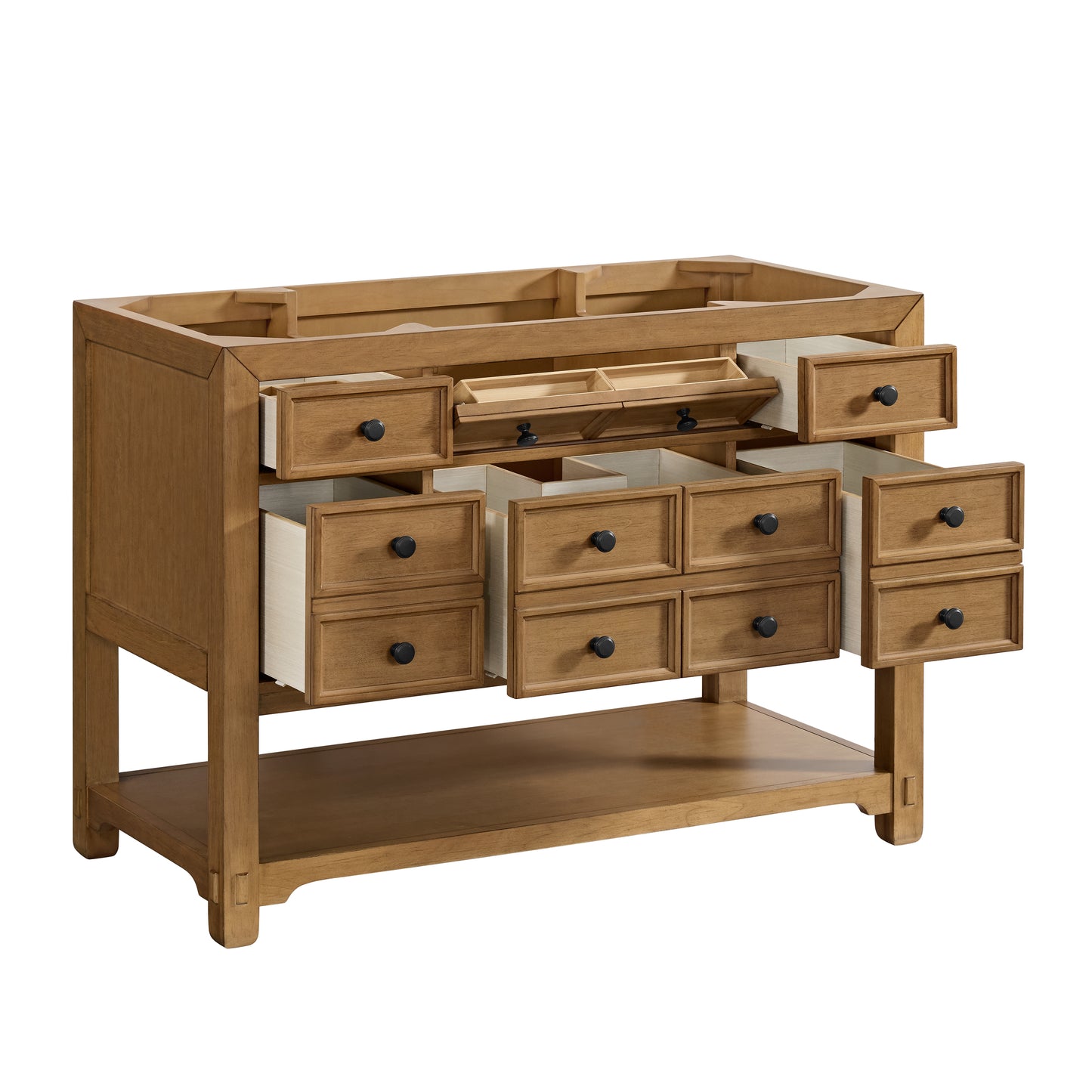 James Martin Malibu 48" Single Vanity, Amber Birch w/ Single Hole 3 CM White Zeus Quartz Top & Backsplash - Luxe Bathroom Vanities