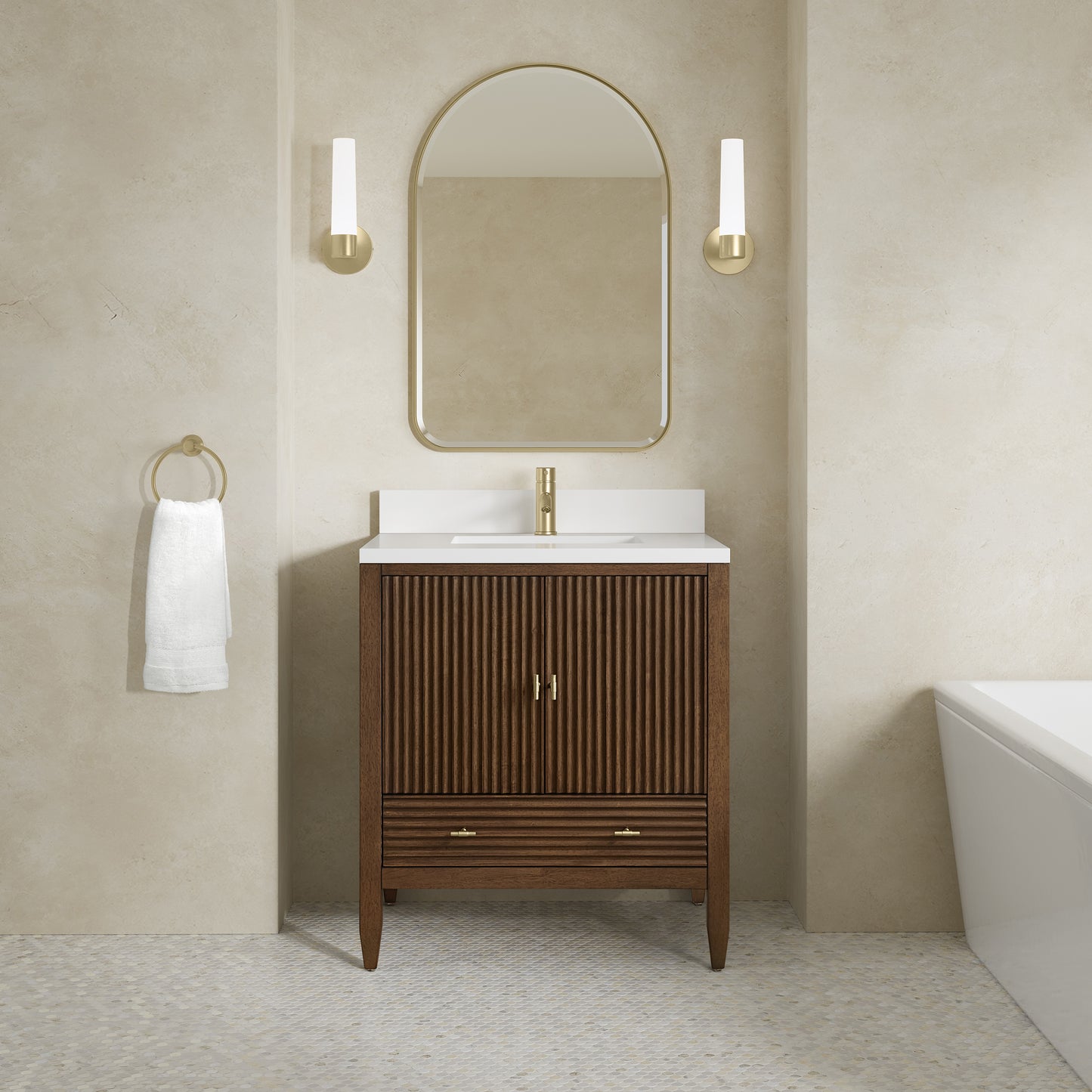 James Martin Myrrin 30" Single Vanity with Single Hole 3 CM White Zeus Silestone Top and Matching Backsplash