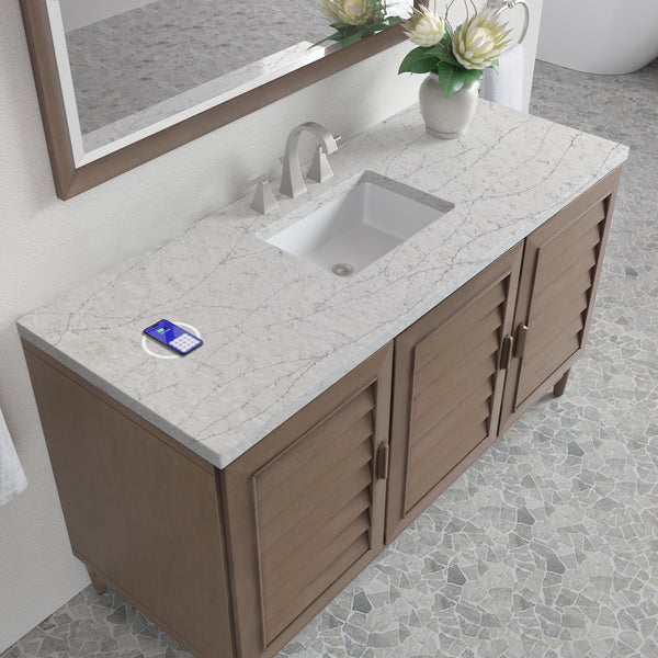 James Martin Portland 60" Single Vanity Whitewashed Walnut with 3 CM Countertop & FreePower Wireless Charger
