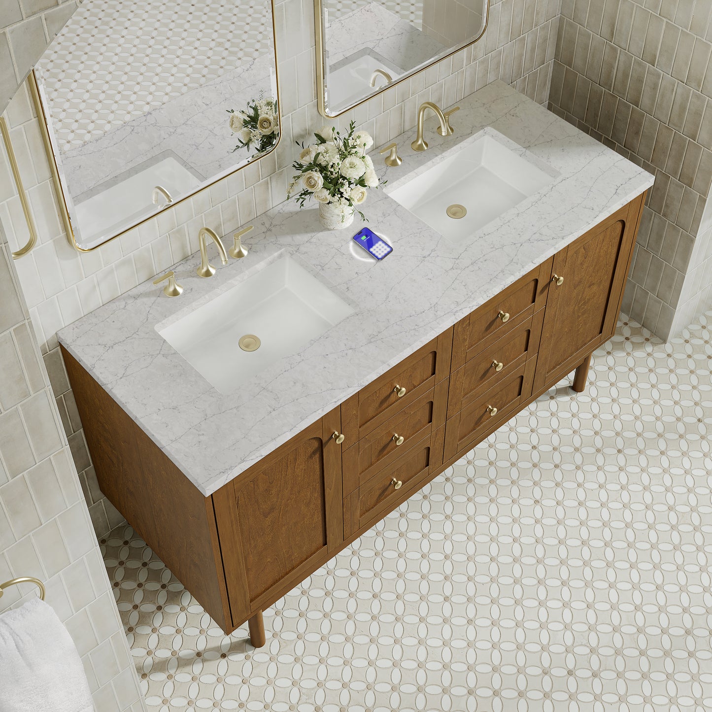 James Martin Laurent 60" Double Vanity with 3 CM Countertop & FreePower Wireless Charger