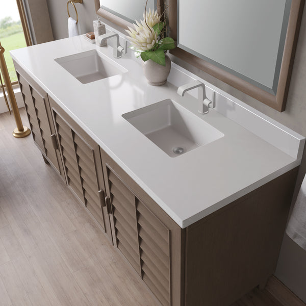 James Martin Portland 72" Double Vanity Whitewashed Walnut with Single Hole 3 CM White Zeus Silestone Top & Backsplash