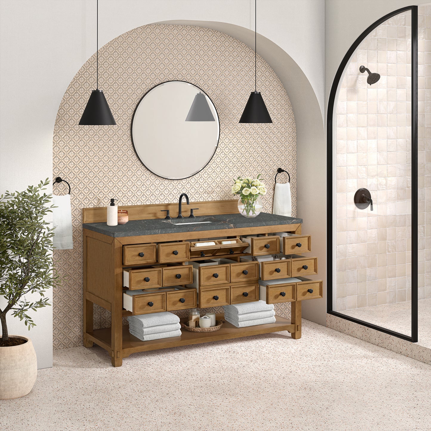 James Martin Malibu 60" Single Vanity, Amber Birch with 3 CM Countertop & FreePower Wireless Charger