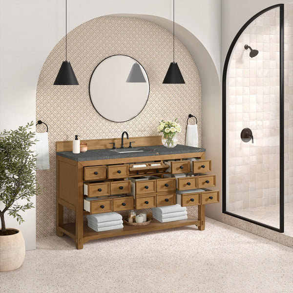 James Martin Malibu 60" Single Vanity, Amber Birch with 3 CM Countertop & FreePower Wireless Charger