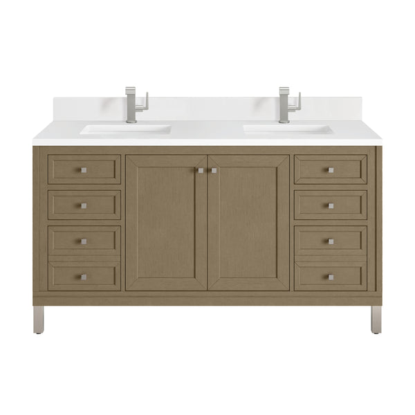 James Martin Chicago 60" Double Vanity with Single Hole 3CM White Zeus Silestone Top & Backsplash