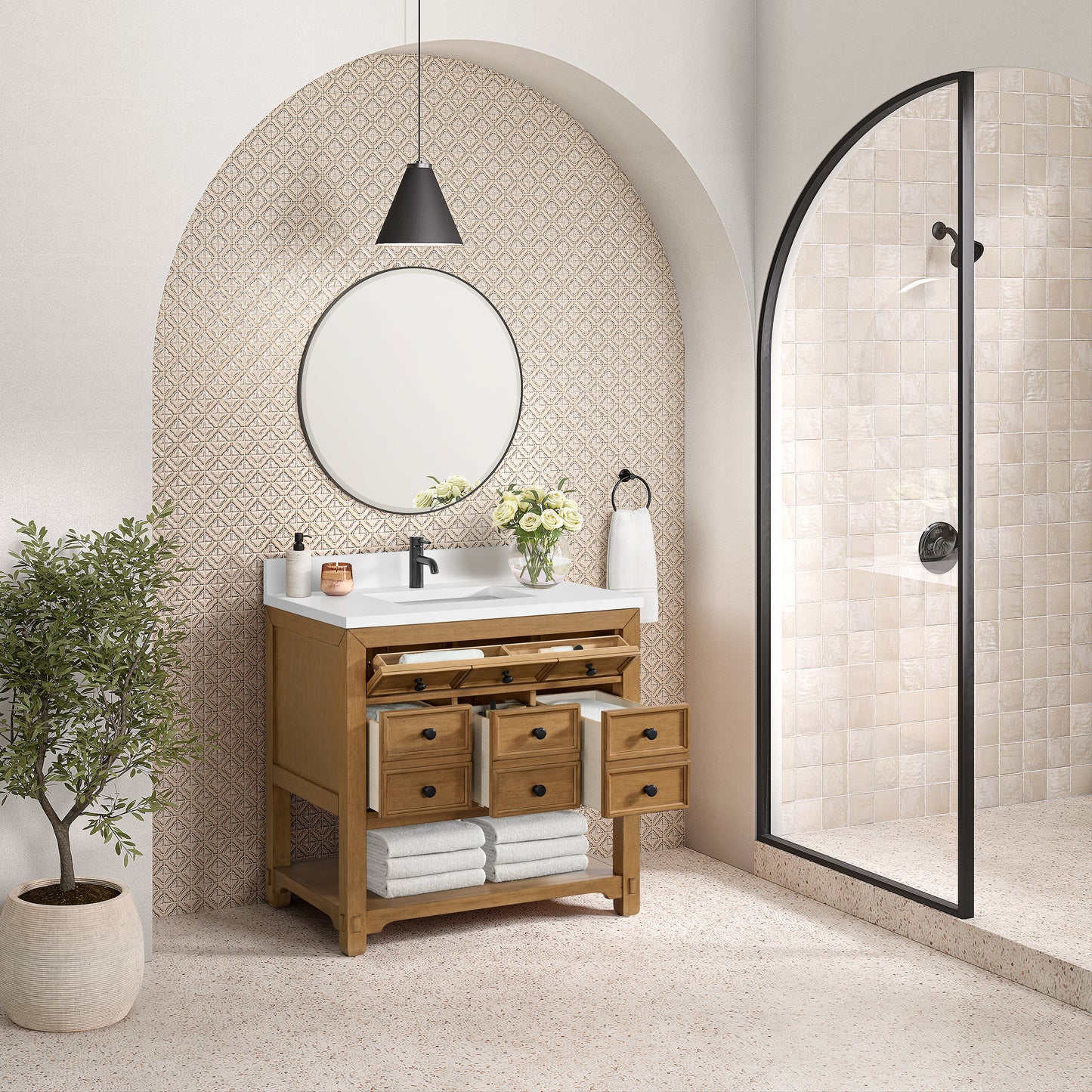 James Martin Malibu 36" Single Vanity, Amber Birch w/ Single Hole 3 CM White Zeus Top & Backsplash - Luxe Bathroom Vanities