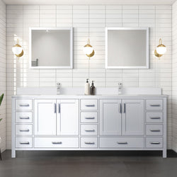 Lexora Collection Jacques 84 inch Double Bath Vanity, White Quartz Top, Faucet Set, and 34 inch Mirrors - Luxe Bathroom Vanities