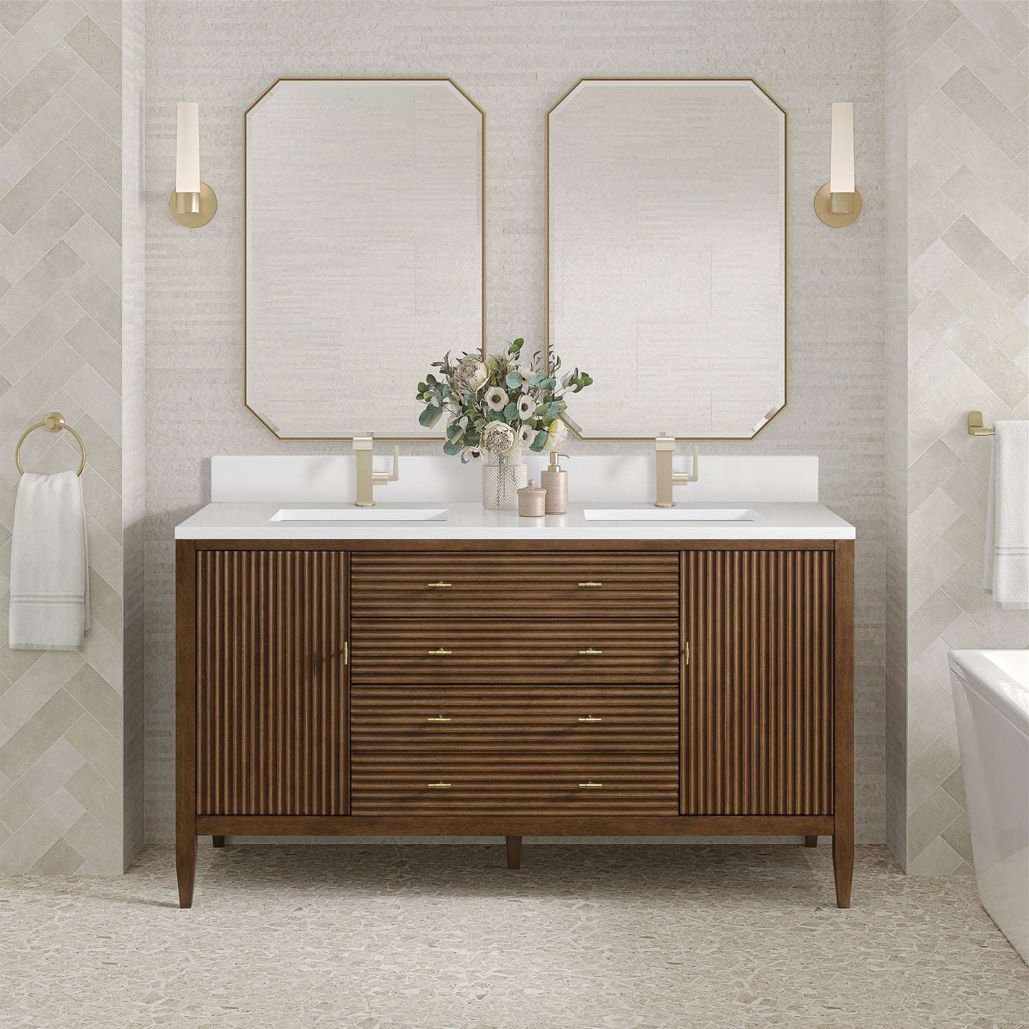 James Martin Myrrin 60" Double Vanity with Single Hole 3 CM White Zeus Silestone Top & Backsplash