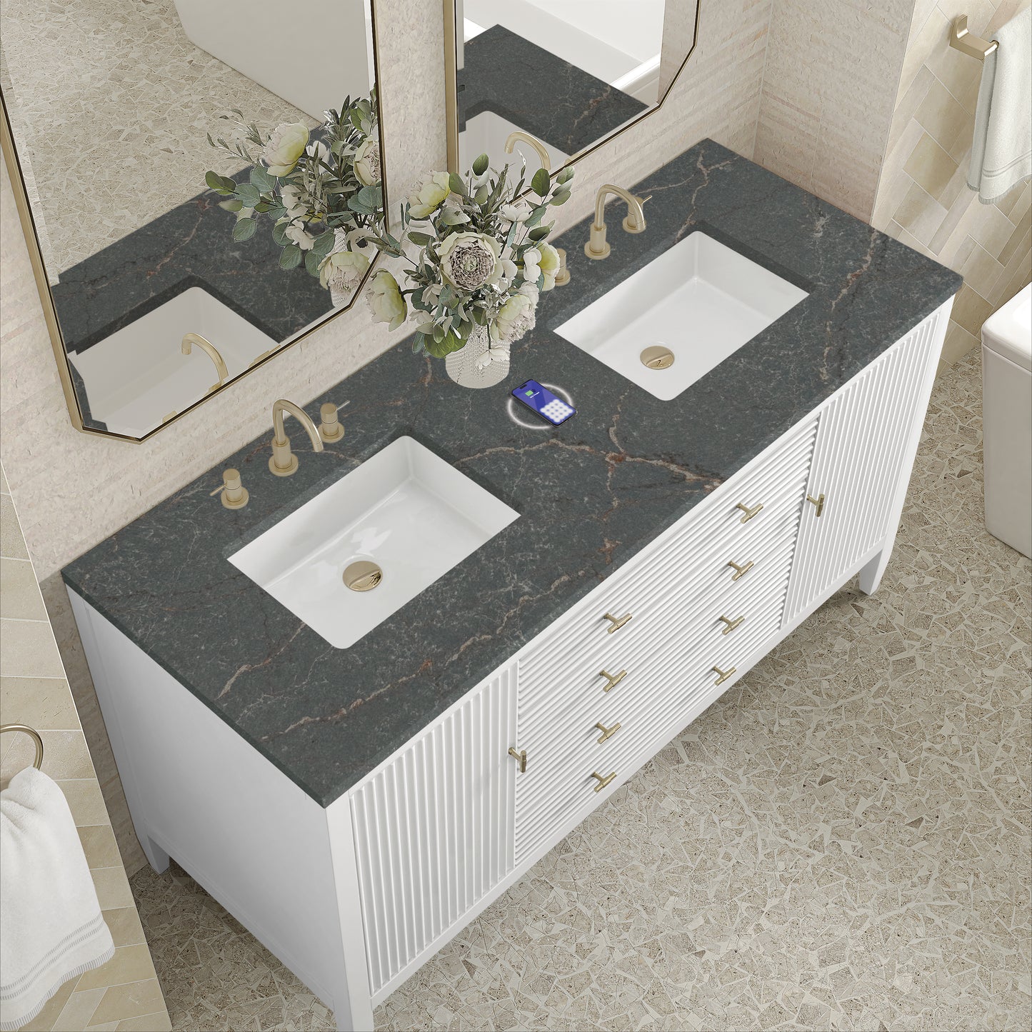 James Martin Myrrin 60" Double Vanity with 3 CM Countertop & FreePower Wireless Charger