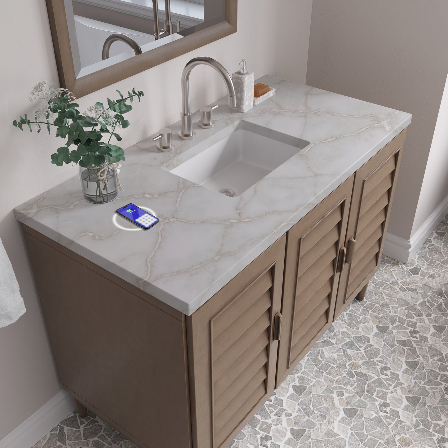 James Martin Portland 48" Single Vanity Whitewashed Walnut with 3 CM Countertop & FreePower Wireless Charger