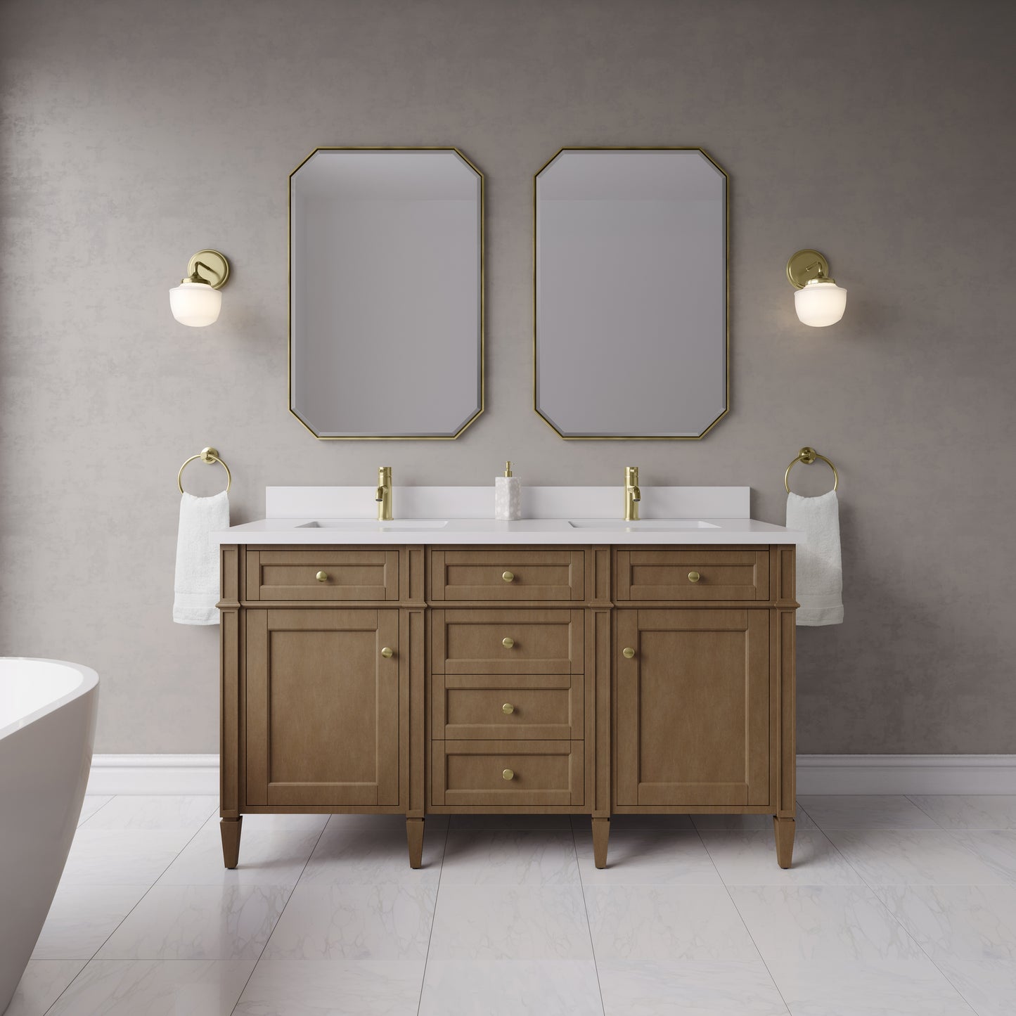 James Martin Brittany 60" Double Vanity with Single Hole 3 CM White Zeus Silestone Top & Backsplash